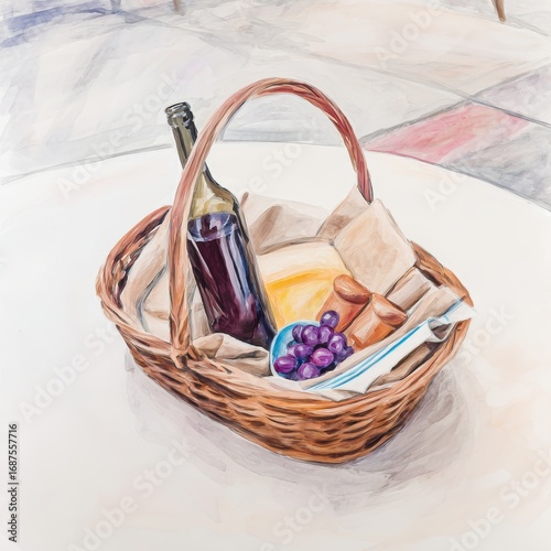 Cesta de mimbre con uvas y botella de vino en un ambiente acogedor y relajante