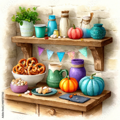Mostrador de dulces con decoración de otoño y productos típicos de una feria local