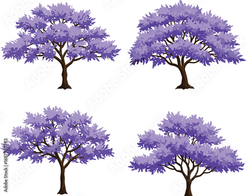 Purple flowering tree illustration, botanical vector art, spring blossom foliage, ornamental garden plant, landscape design element, decorative nature silhouette, seasonal floral artwork