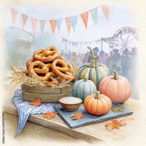 Celebración de otoño con pretzels y calabazas en un festival al aire libre