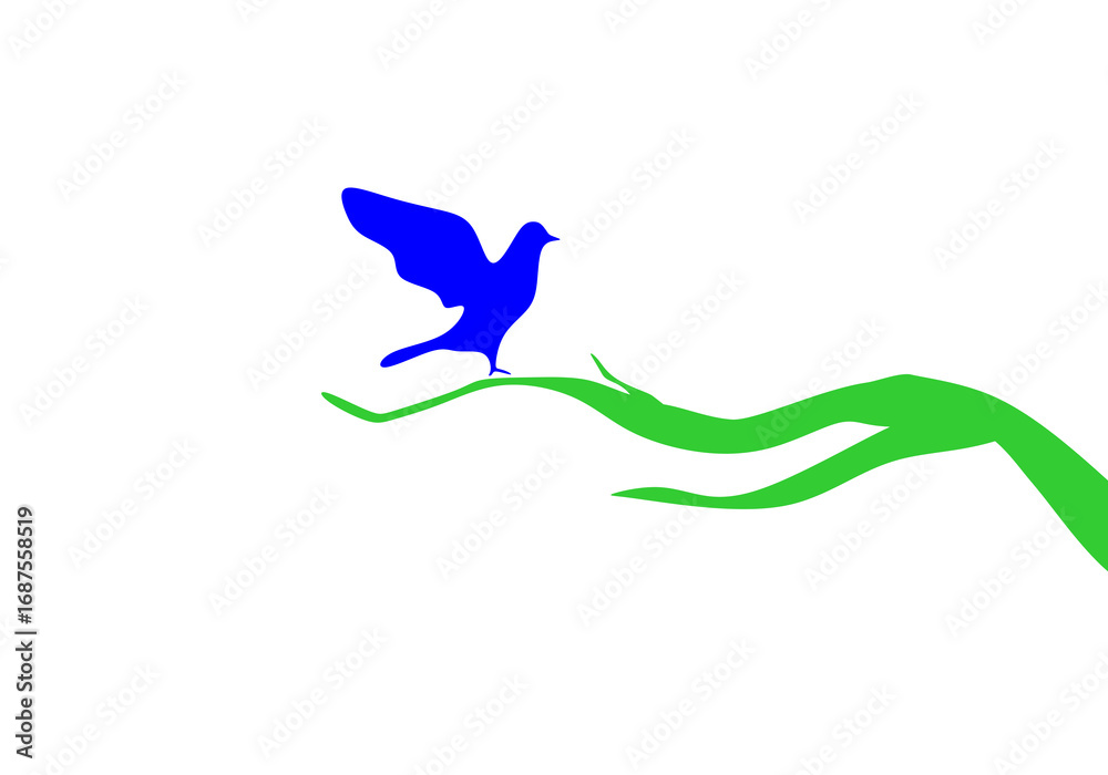Obraz premium A blue bird perched on a green branch with a white background, showing calmness and simplicity.
