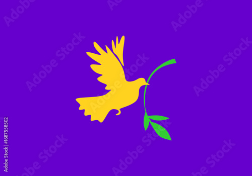 A yellow bird flying with a green branch on a purple background  symbolizing peace and hope.