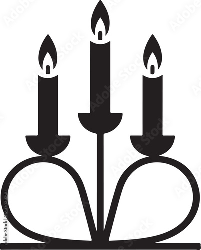 Elegant candelabra with three burning candles silhouette isolated on white background