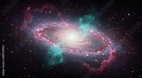 Spiral Galaxy with Vibrant Pink and Blue Nebulae in a Starlit Cosmic Background