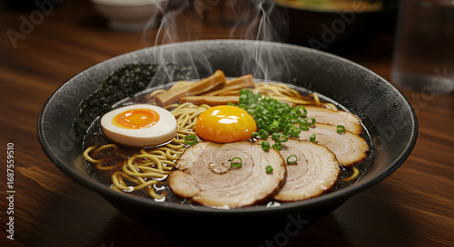 Steaming Black Bowl of Delicious Ramen with Egg Noodles and Pork on Dark Wood Tabletop Warm Light