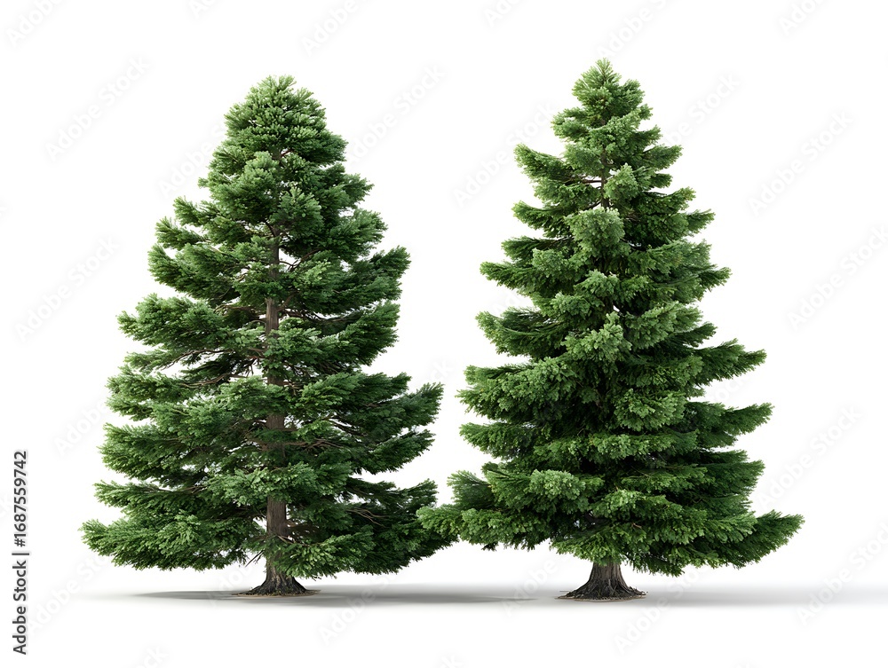 Fototapeta premium Two realistic green pine trees isolated on a ready for your design projects