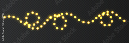 Festive Christmas light  glowing garland string on dark background.