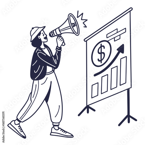 Enthusiastic woman announces financial growth and success with a megaphone, sharing great news