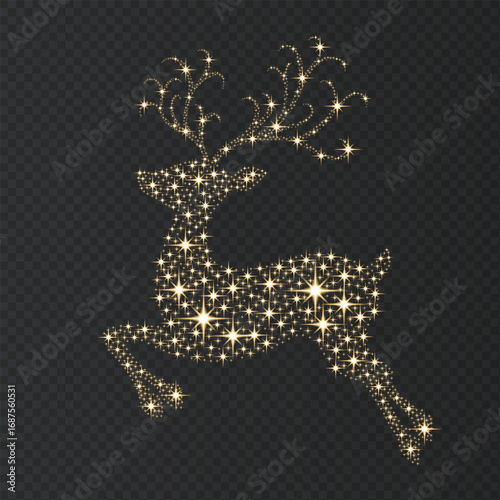 Christmas golden glowing  reindeer decorated with sparks, light effect.