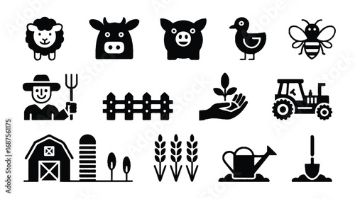 Collection of Black and White Farming and Agriculture Icons Depicting Rural Life and Agricultural Practices