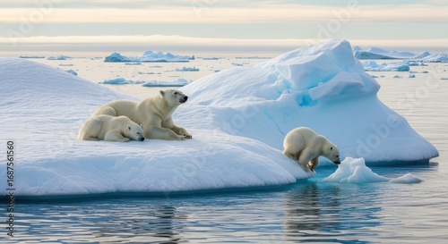 Polar Bear Family on Iceberg in the Arctic Ocean