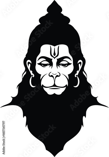 Hanuman's Visage: A stark black and white illustration of Hanuman, the revered Hindu deity, showcases his strong features and tranquil expression.