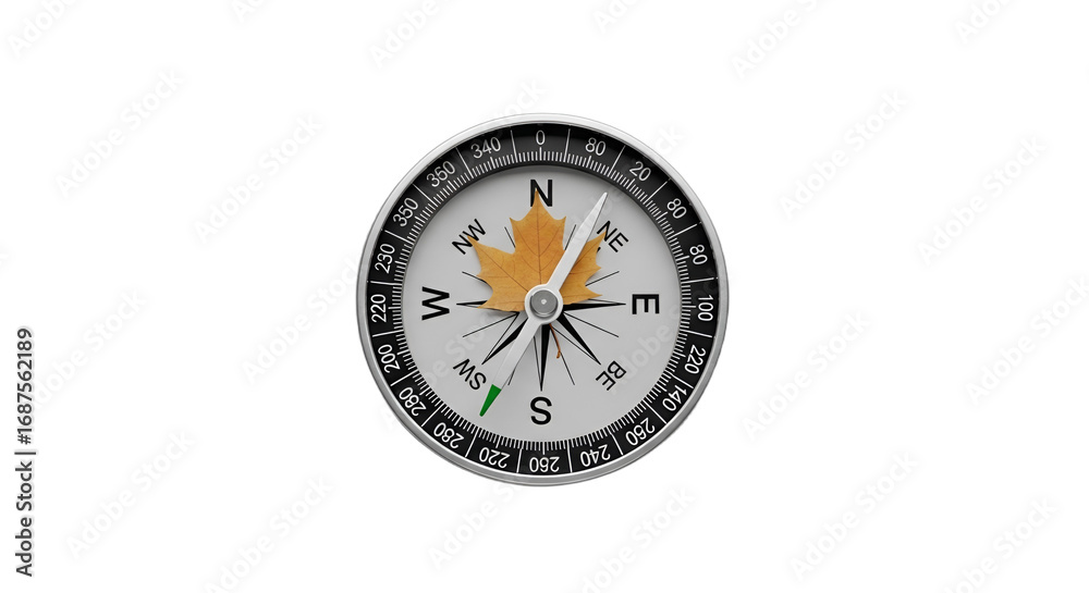 Modern compass featuring a vibrant orange maple leaf at its core, ideal for illustrating travel, autumn adventures, Canadian identity, or strategic business direction, Modern compass featuring a vibrant orange maple leaf at its core, ideal for illustrating travel, autumn adventures, Canadian identity, or strategic business direction,
