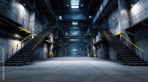 Large, empty, and dimly lit industrial building with two staircases