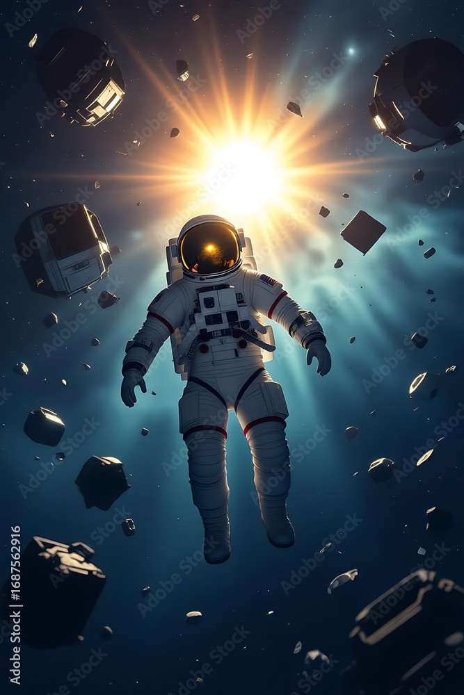 Fototapeta premium Abandoned Astronaut Floating in Space Debris