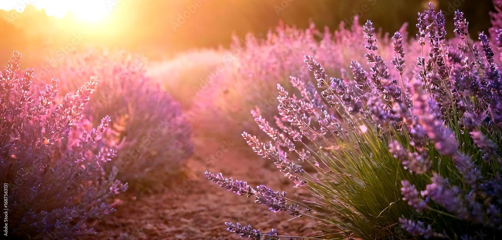 Fototapeta premium Golden sunbeams illuminate vibrant lavender fields creating a serene and tranquil natural landscape scene