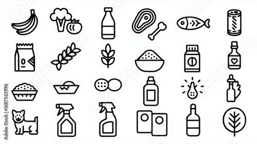 Collection of essential goods icons providing a clean and minimalist visual representation showcasing diverse products and supplies