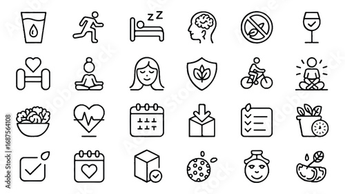 Collection of health and wellness icons representing a healthy lifestyle in outline style