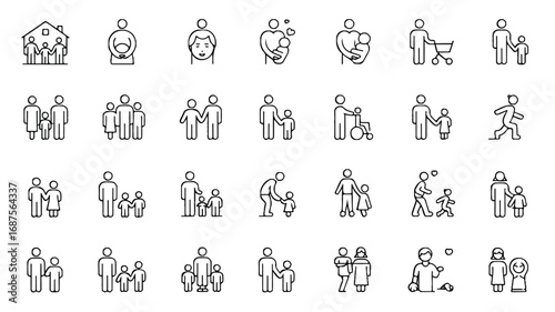 Collection of line art family icons depicting various family structures and relationships in simple designs and styles