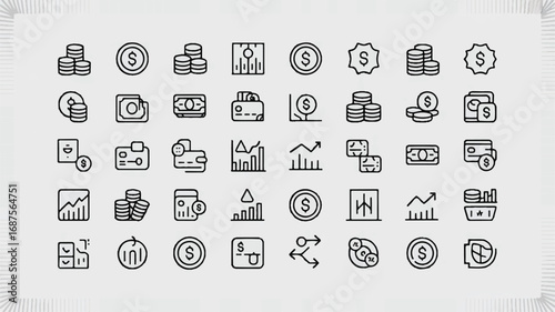 Collection of linear financial icons with money coin currency chart wallet design elements for business concept