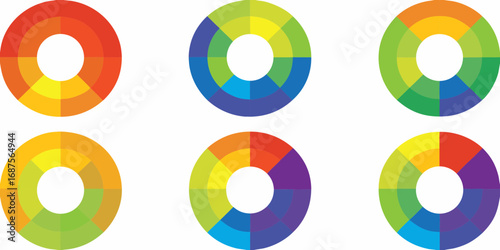 Six colorful circular color wheels with different color combinations and gradients on a white background