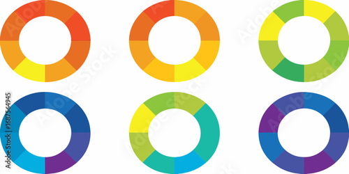 Six colorful circular segmented diagrams representing color palettes or data visualization elements