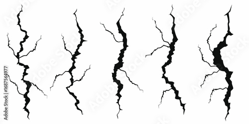 Collection of five black and white graphic illustrations of vertical cracks on a white background