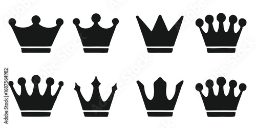Collection of eight black silhouette crown icons representing royalty and leadership on a black background