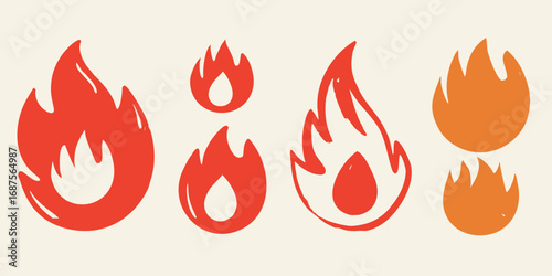 Set of stylized hand drawn fire icons in red and orange colors on a light background