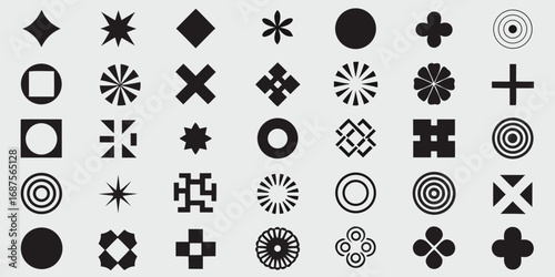 Collection of black geometric abstract shapes and symbols on a light gray background