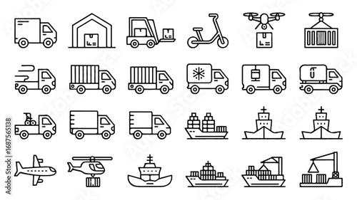 Collection of outline transport icons representing different modes of transportation for goods and people seamlessly tiled
