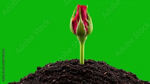 Red Rose Growing and Blooming Time Lapse on Green Screen.