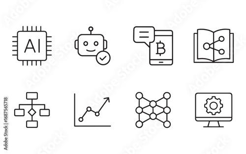 Collection of ai and technology icons representing machine learning neural networks data analytics and smart devices