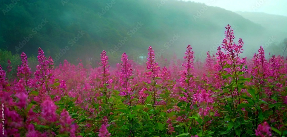 Obraz premium Misty mountain backdrop frames vibrant field of blooming pink wildflowers creating serene natural beauty