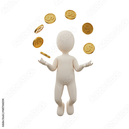 3d faceless stickman character juggling golden coins isolated on white background, symbol of wealth, success, business and financial balance.  
