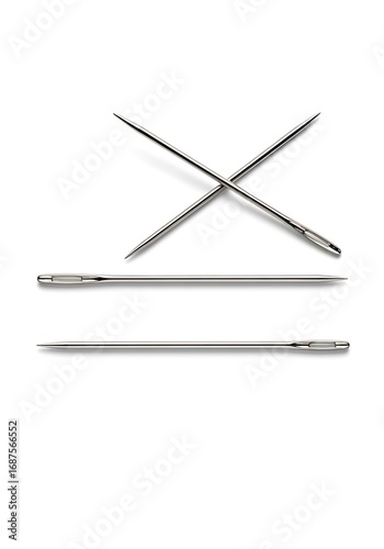 Three Sewing Needles Isolated on a White Background.