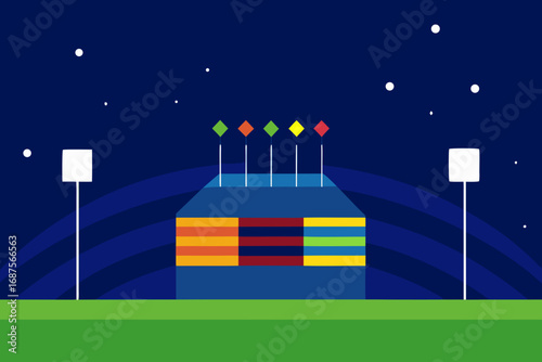 Vibrant cartoon stadium scene under starry night sky with spotlights vector illustration