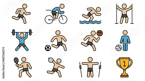 Collection of vector icons representing various sports activities for design projects and promotional materials with fitness theme