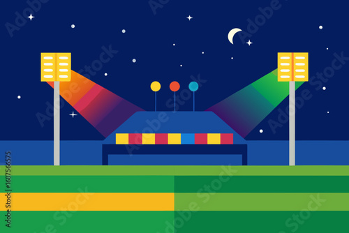 Vibrant vector illustration of a stadium under a starry night sky with spotlights