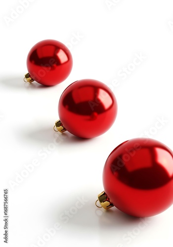 Three Shiny Red Christmas Ornaments on a White Background.