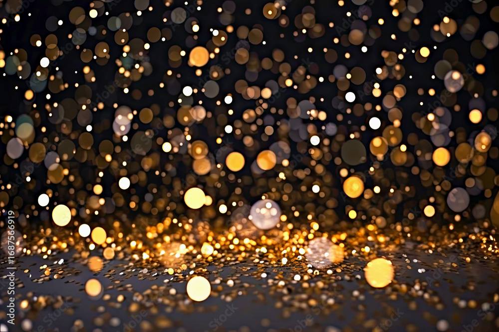 Obraz premium Festive background. Abstract golden bokeh background features shimmering lights that create festive and celebratory atmosphere, perfect for holiday themes, invitations or event decorations. Christmas