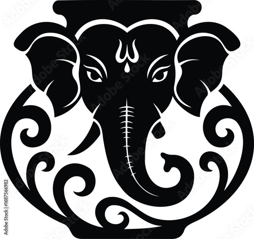 Divine Essence: A black and white illustration of Ganesha, the Hindu deity, radiating tranquility and wisdom, encircled by elegant ornamental flourishes.