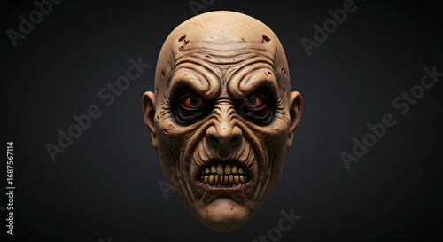 Terrifying Visage: A hyper-realistic close-up of a grotesque and monstrous face, detailed to evoke fear and dread with a chilling dark atmosphere.