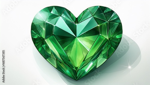a sparkling green heart shaped gemstone isolated on white background
