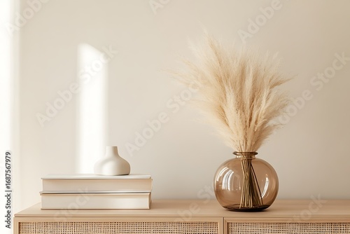 Minimal jar holding pastel brown pampas grass beside a clean stack of books on a sideboard 