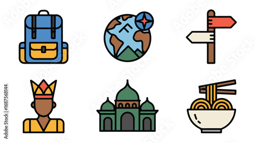 Colorful Icons of Backpack Globe Signpost Person Building and Noodles Representing Travel and Exploration Destinations