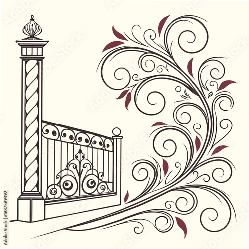 Ornate Wrought Iron Fence and Decorative Swirls railing