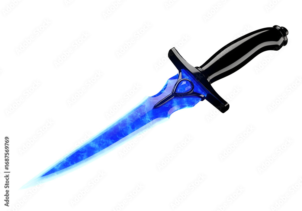 Fototapeta premium Striking, stylized dagger with a vibrant blue blade against a stark black background.