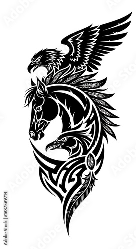 Tribal Eagle and Horse Tattoo Design.