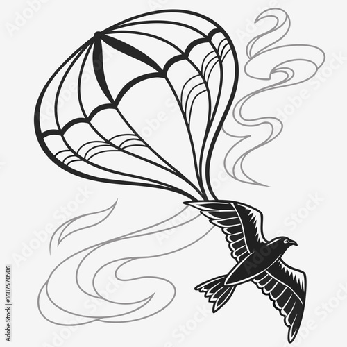 Stylized bird flying with parachute and smoke trails Keywords: bird, flying, parachute, sky